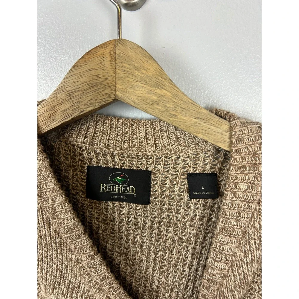 Vintage REDHEAD Sweater Large Tan ‎ Knit Henley Brass Button Pullover Fisherman